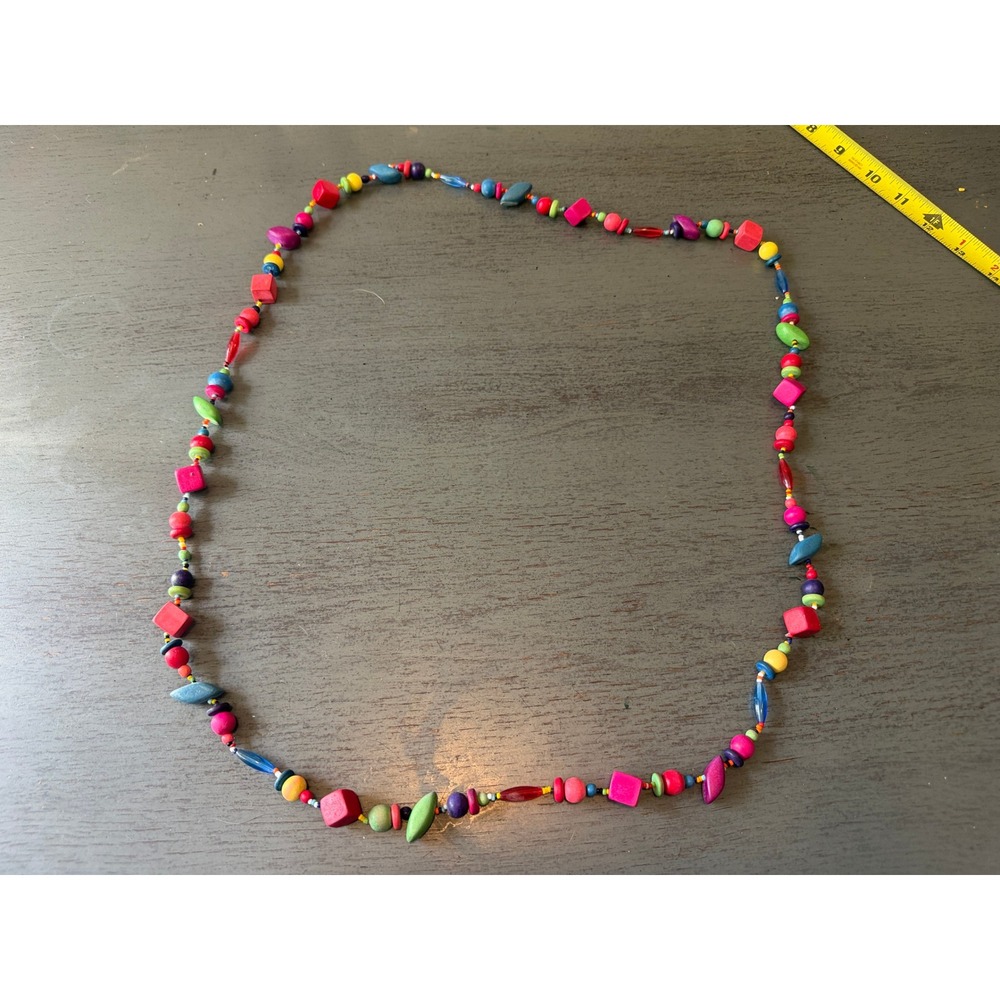Vintage Multi Color Beaded Necklace Long Boho Geometric Wood Acrylic Strand 26in